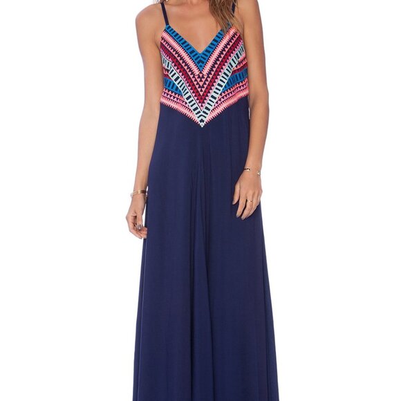 Mara Hoffman Dress–Embellished Maxi Gown Navy Blue Geometric Embroidery Small